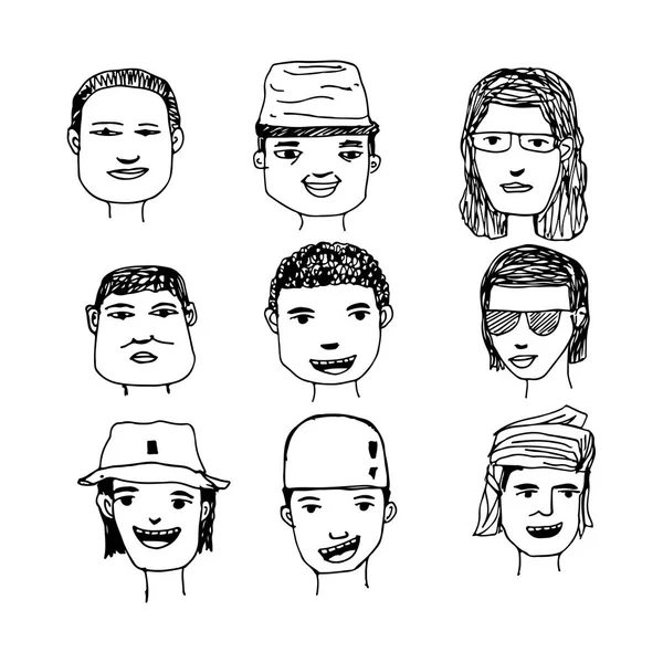 Mano Dibujado Personas Cabezas Iconos Sobre Fondo Blanco — Archivo Imágenes Vectoriales