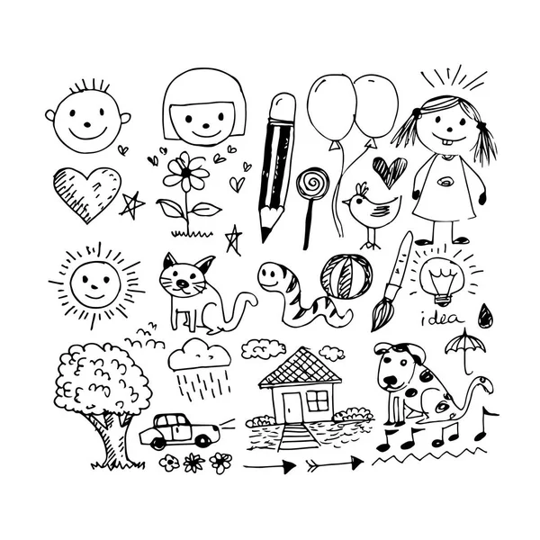 Children Hand Drawn Icons White Background — Stock Vector