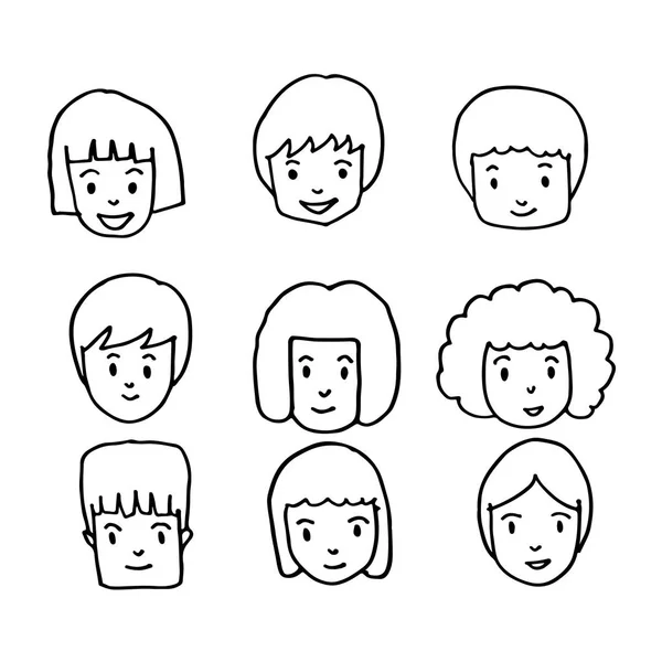 Mano Dibujado Personas Cabezas Iconos Sobre Fondo Blanco — Vector de stock