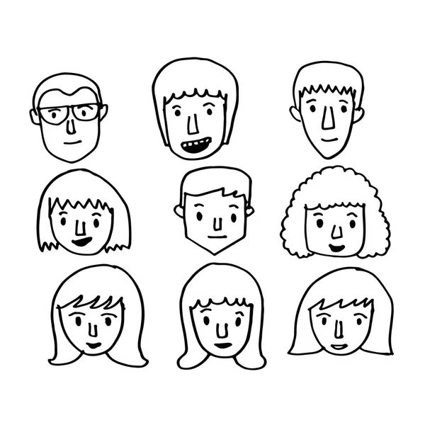 Mano Dibujado Personas Cabezas Iconos Sobre Fondo Blanco — Vector de stock