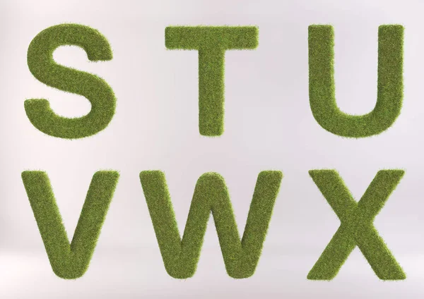 Alfabeto de hierba - Letras y números de hierba 3D renderizados —  Fotos de Stock