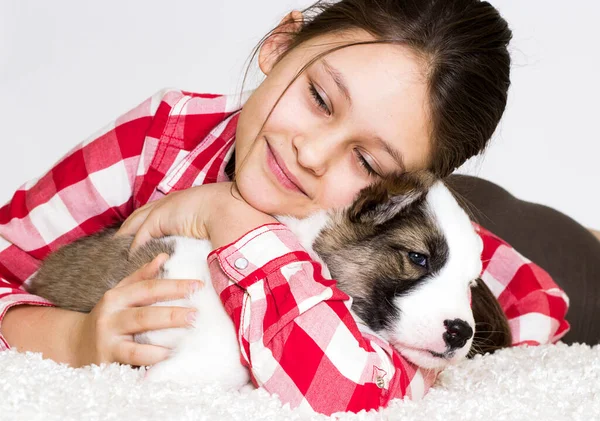子供はふわふわの毛布の上で子犬を優しく抱きかかえて — ストック写真