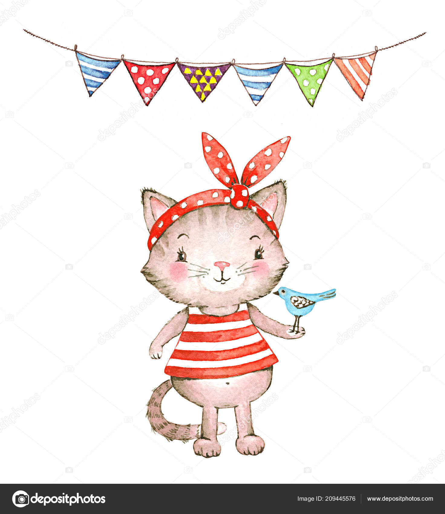 Весёлый Персонаж Кот Одежде Гирляндой Рисующий Акварель: стоковая