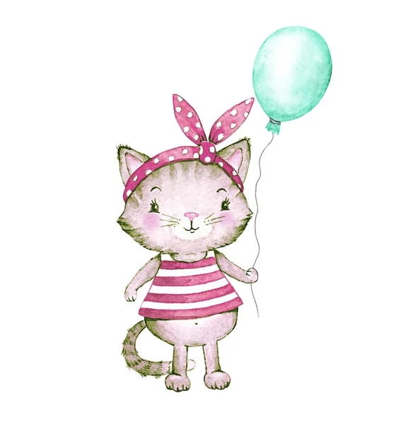 Charakter Kočka Oblečení Air Blue Ball Kreslení Akvarelem — Stock fotografie