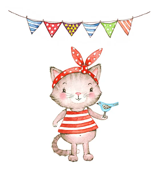 Glada Karaktär Katt Kläder Med Krans Teckning Akvarell — Stockfoto