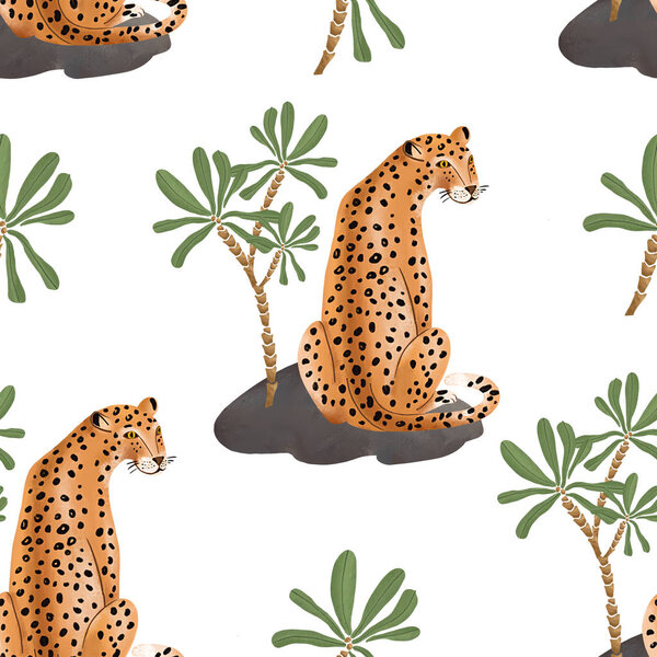 Digital drawing pattern of a leopard in tropical greenery on a stone. drawing on a white background.