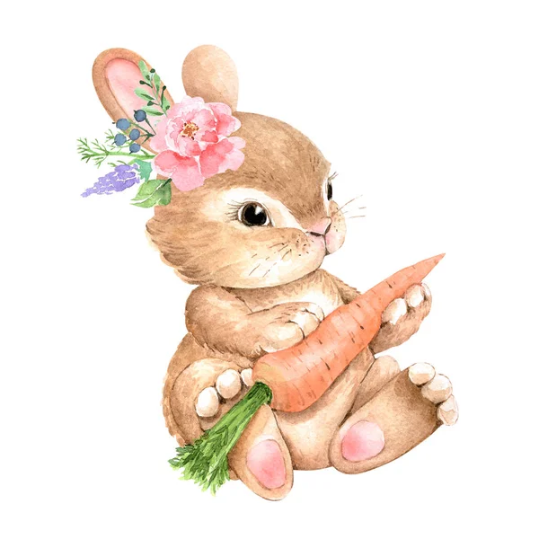 Roztomilý Zajíček Květinou Hlavě Mrkev Ilustrace Akvarel — Stock fotografie