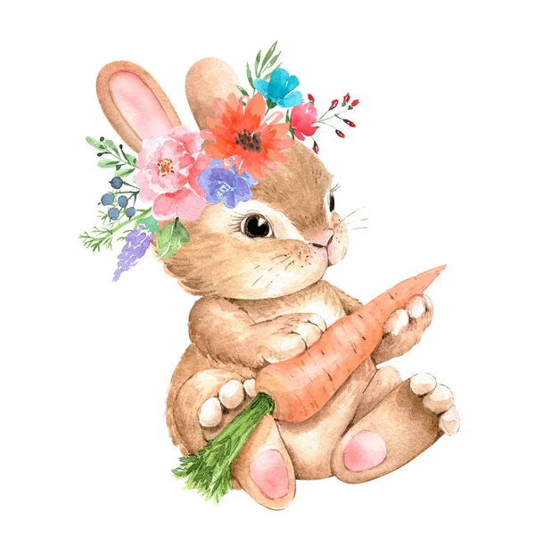 Söt Kanin Med Blomma Huvudet Och Morot Akvarell Illustration — Stockfoto
