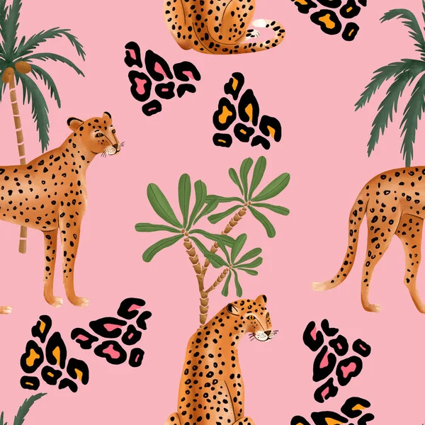 Digitales Zeichnungsmuster Von Leoparden Und Tropischen Pflanzen Auf Rosa Hintergrund — Stockfoto