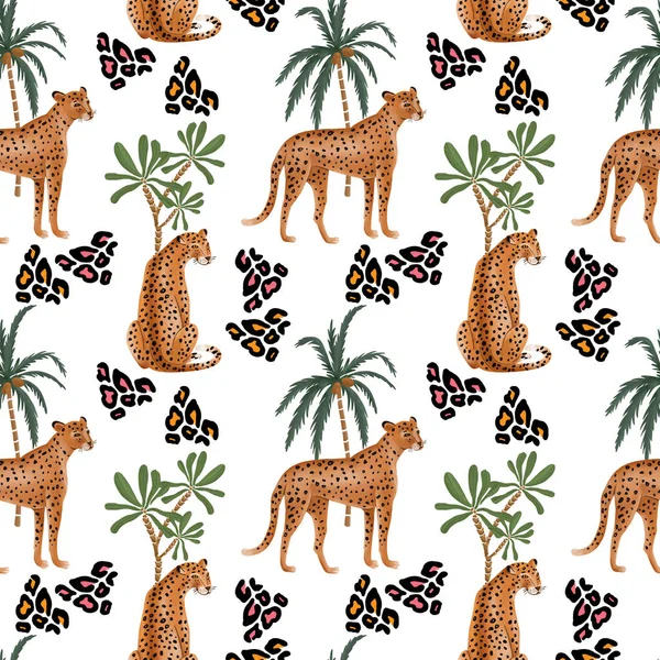 Digital Drawing Pattern Leopards Tropical Plants White Background — Stock Photo, Image