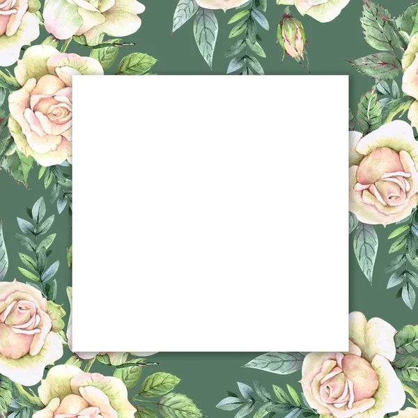 Cornice Verde Rose Bianche Con Boccioli Foglie Disegno Acquerello Sfondo — Foto Stock