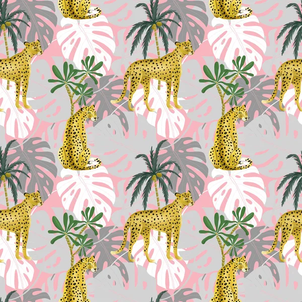 Digital Drawing Pattern Leopards Tropical Plants Pink Background — Stock Photo, Image