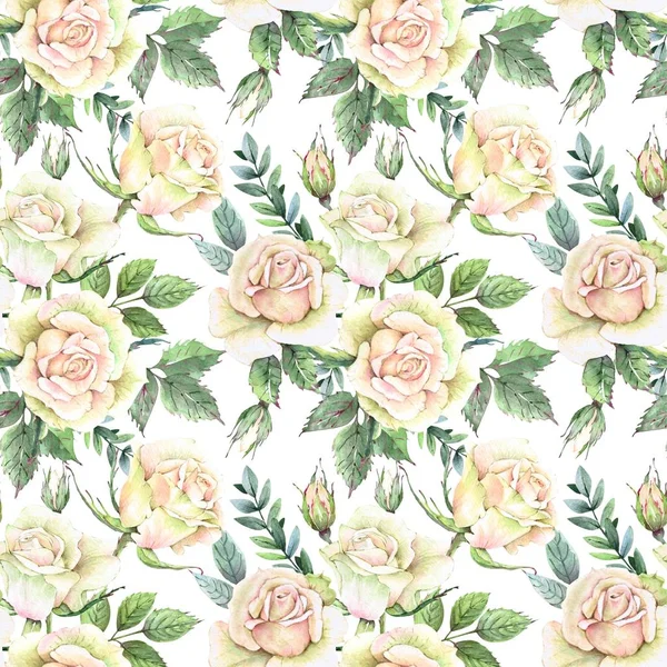 Patrón Ramo Rosas Blancas Con Hojas Brote Acuarela Dibujo Sobre — Foto de Stock