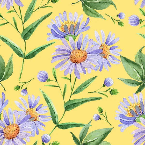 Vzorek Modrých Květů Žlutém Pozadí Výkres Akvarel — Stock fotografie