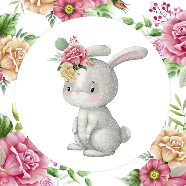 バラの花とフレームの花束を持つかわいいウサギのイラスト — ストック写真