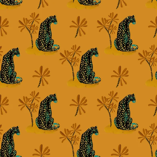 Bezešvé Abstraktní Oranžové Pozadí Černými Leopardy Palmami — Stock fotografie