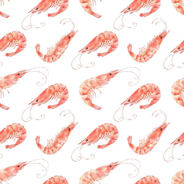 Pattern Watercolor Seafood Illustrations Red Shrimp White Background — Stock Photo, Image