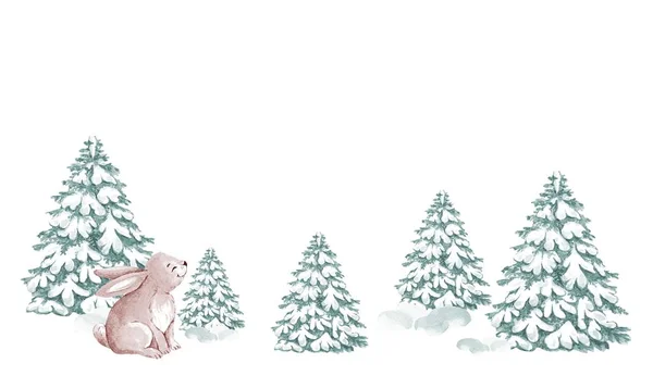 Hare Och Grönt Träd Snön Akvarell Illustration Vit Bakgrund — Stockfoto
