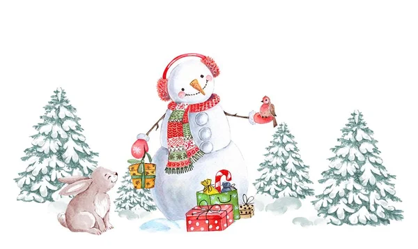 Muñeco Nieve Con Regalos Liebre Árbol Verde Nieve Acuarela Ilustración — Foto de Stock