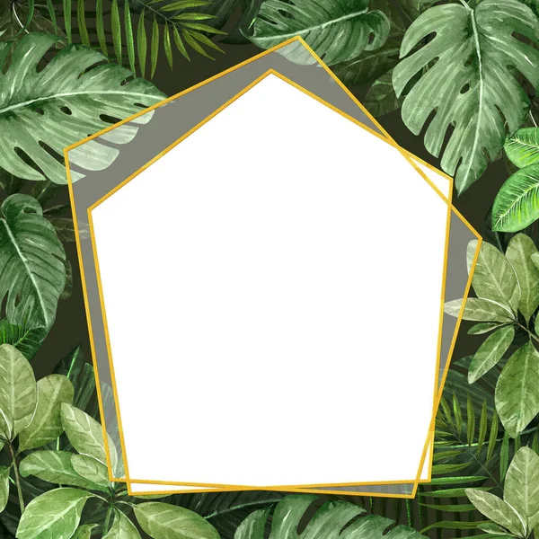 Frame Met Groene Palmbladeren Aquarelillustratie Donkere Achtergrond — Stockfoto
