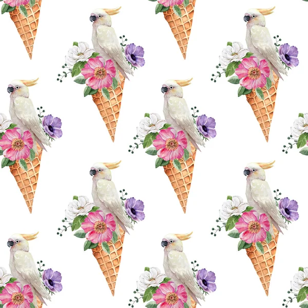 Motif Perroquet Oiseau Dans Cône Gaufre Avec Bouquet Fleurs Illustration — Photo