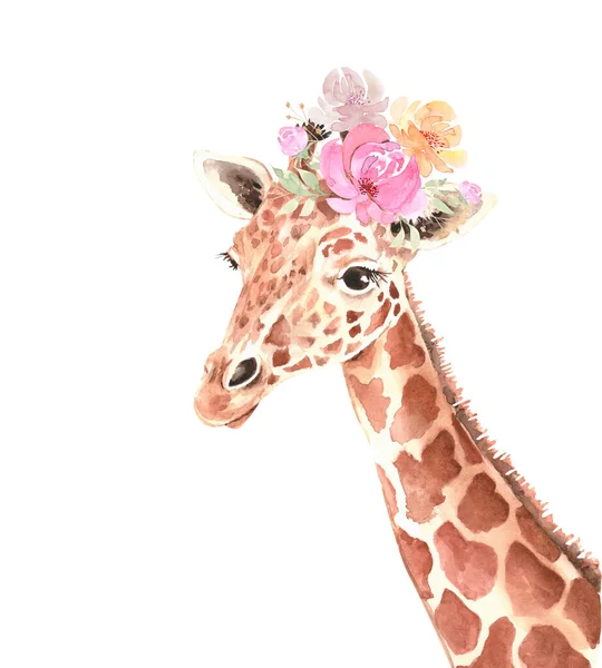 Cute Giraffe Bouquet Flowers His Head Watercolor Illustration — Stock Photo, Image