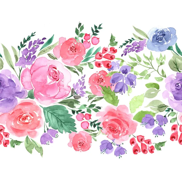 Απρόσκοπτη Περίγραμμα Των Ευαίσθητων Ροζ Και Λιλά Λουλούδια Ακουαρέλα — Φωτογραφία Αρχείου