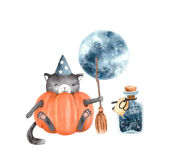 watercolour illustration for the holiday Halloween with a black cat, the moon, stars and elements, on a light background
