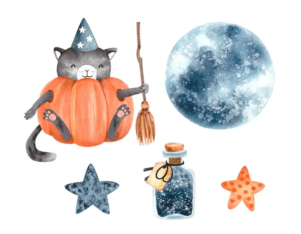 watercolour illustration for the holiday Halloween with a black cat, the moon, stars and elements, on a light background
