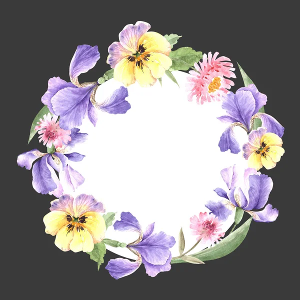 Okrągła Ramka Fioletowe Tęczówki Kwiaty Akwarela Ilustracja Ciemnym Tle — Zdjęcie stockowe