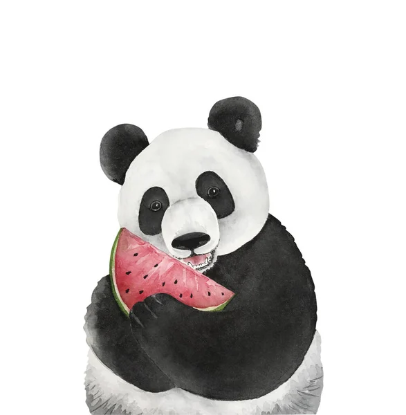 Bonito Panda Com Uma Fatia Melancia Aquarela Ilustração Fundo Branco — Fotografia de Stock