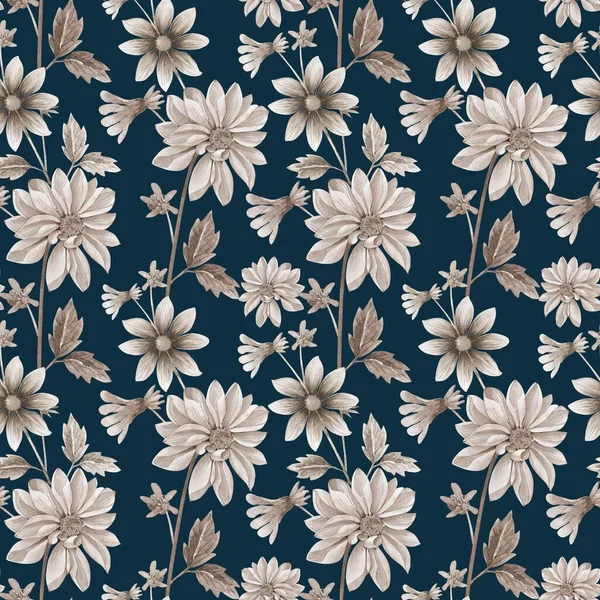 Vackra Sömlösa Akvarell Blommönster Monokroma Blommor Blå Bakgrund — Stockfoto