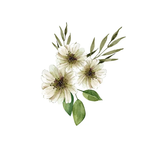 Buquê Bonito Com Flores Brancas Folhas Verdes Ilustração Aquarela — Fotografia de Stock