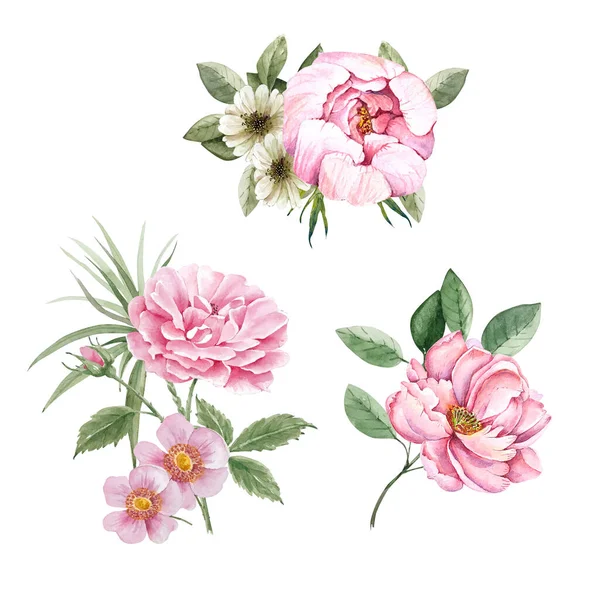 Σύνολο Ανθοδέσμες Ροζ Λουλούδια Ακουαρέλα Απεικόνιση Λευκό Φόντο — Φωτογραφία Αρχείου