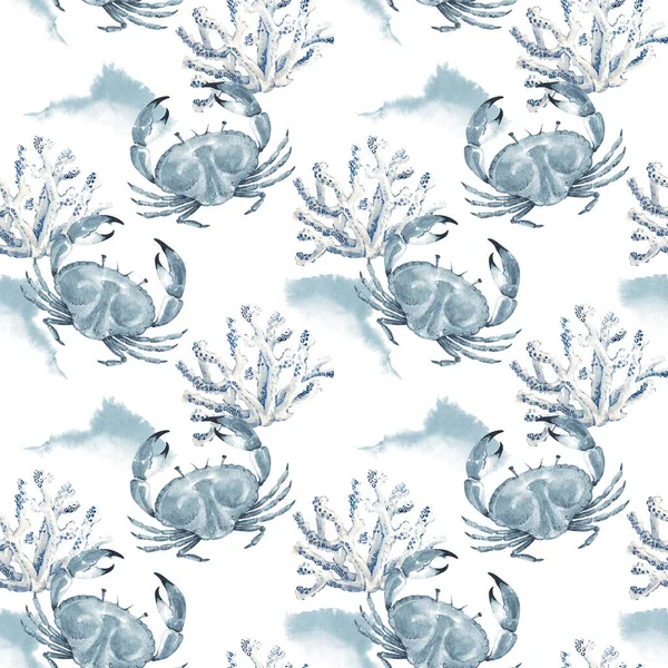 Рисунок Морскими Крабами Фоне Белых Кораллов Акварельная Иллюстрация Синим Цветом — стоковое фото