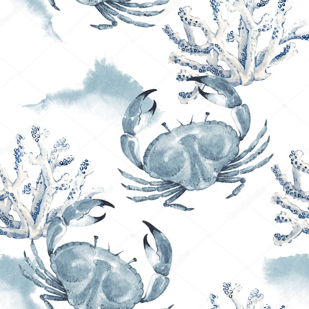 pattern with sea crabs on a background of white corals, watercolor illustration in blue