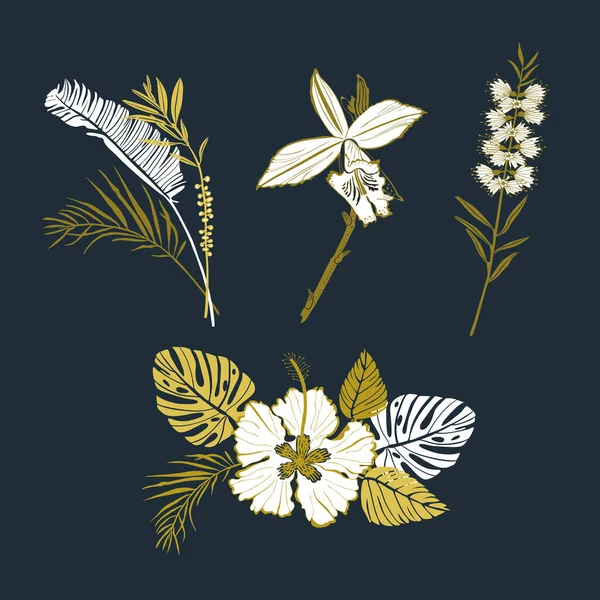 Flores tropicales y hojas vector ilustración sobre fondo oscuro — Archivo Imágenes Vectoriales