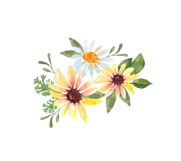 Ładny Bukiet Kwiatów Ogrodowych Białe Żółte Stokrotki Ilustracja Akwarela — Zdjęcie stockowe