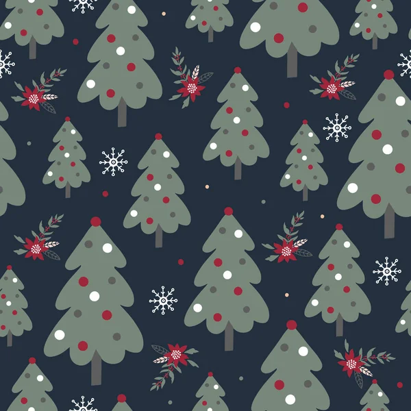 Patrón de Navidad con árboles verdes y copos de nieve sobre fondo oscuro — Vector de stock
