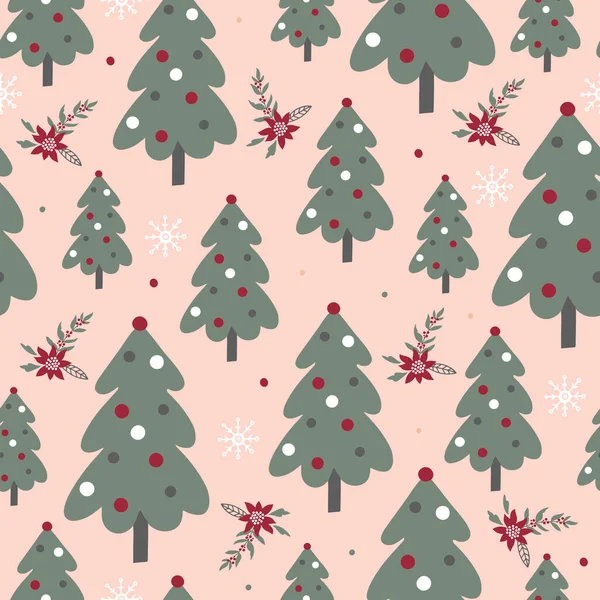 Christmas pattern with green trees and snowflakes on pink background — Stock Vector