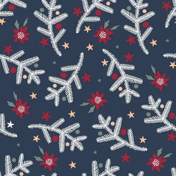 Patrón de Navidad sin costuras con ramas de abeto blanco y elementos festivos sobre fondo oscuro — Vector de stock