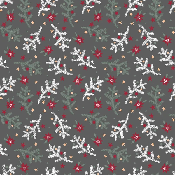 Απρόσκοπτη χριστουγεννιάτικο μοτίβο με λευκά κλαδιά ελάτης και εορταστικά στοιχεία σε σκούρο φόντο — Διανυσματικό Αρχείο
