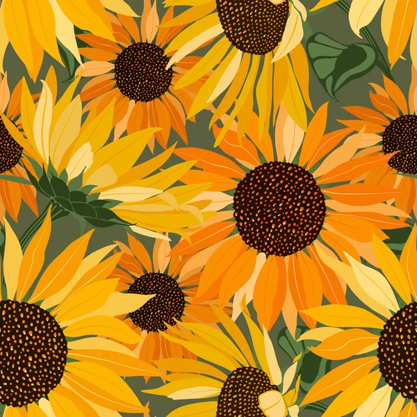 Patroon Van Grote Gele Zonnebloem Bloemen Groene Achtergrond Digitale Illustratie — Stockfoto