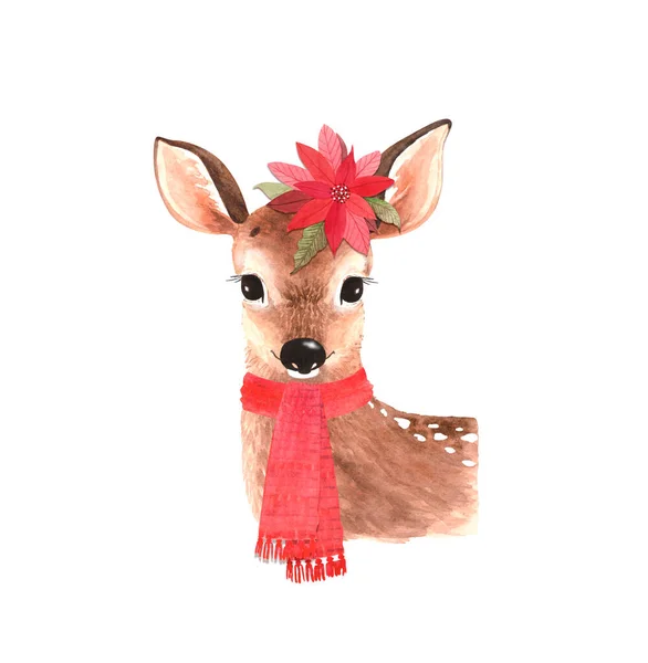 Cute Animal Christmas Deer Red Scarf Flower Watercolor Illustration White — Stock Photo, Image