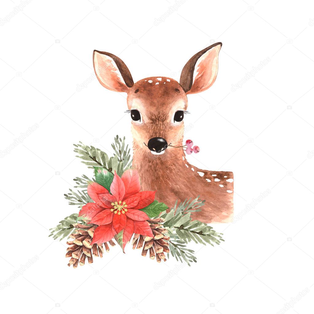 cute animal young deer with christmas wreath, watercolor illustration on white background