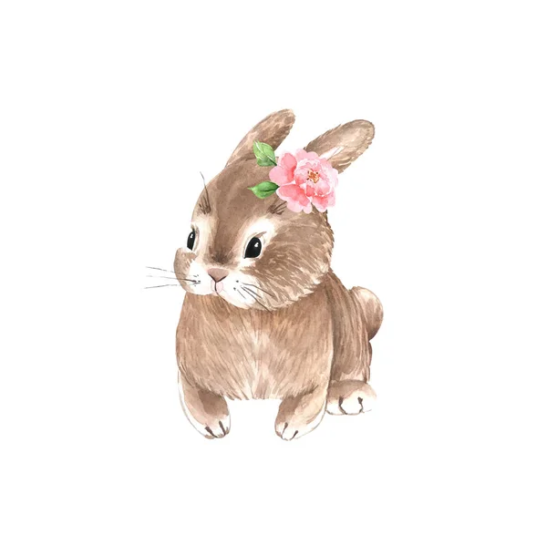 Niedlichen Braunen Kaninchen Mit Blume Auf Dem Kopf Aquarell Illustration — Stockfoto
