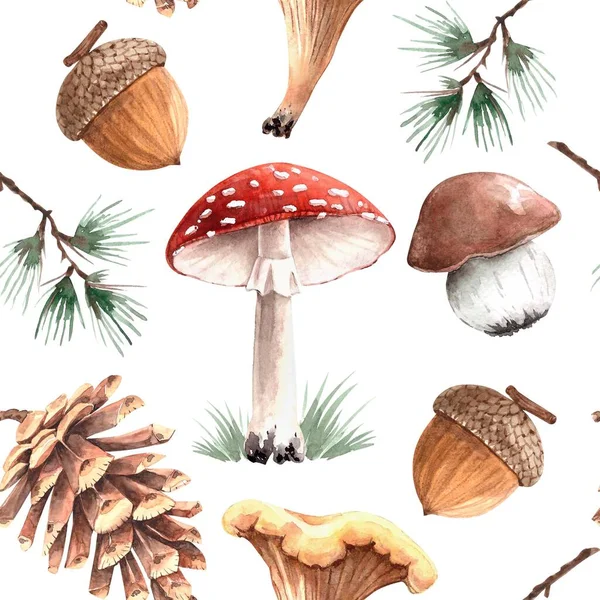 Padrão Sem Costura Ilustrações Aquarela Cones Cogumelos Florestais Fábricas Presentes — Fotografia de Stock