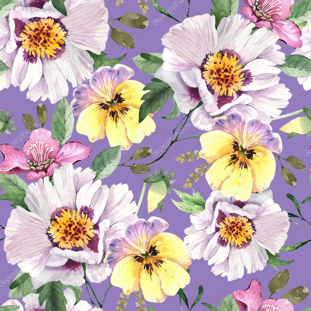 seamless pattern with bright large watercolor flowers on a lilac background