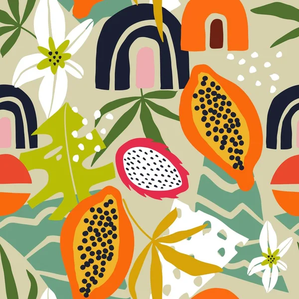 Fundo Sem Costura Brilhante Com Padrão Abstrato Folhas Tropicais Frutas — Vetor de Stock