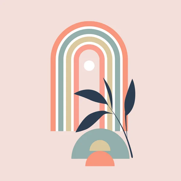 Ilustración Vectorial Arco Iris Pastel Con Elemento Geométrico Ramita Planta — Archivo Imágenes Vectoriales